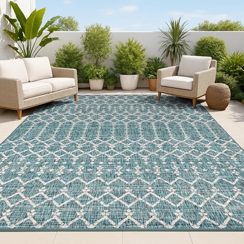 JONATHAN Y Moroccan Geometric Indoor Outdoor Area Rug 10X14 Teal/Gray, Ourika Textured Weave (SMB108C-14)